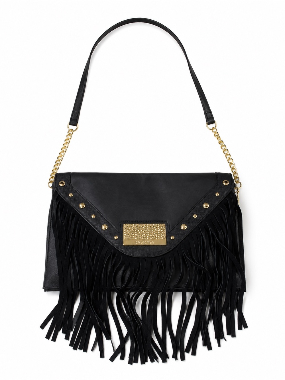 bebe black fringe shoulder bag with gold-tone hardware